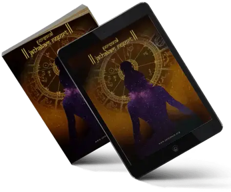 Tablet and book mockup showing a sample Jathakam report cover